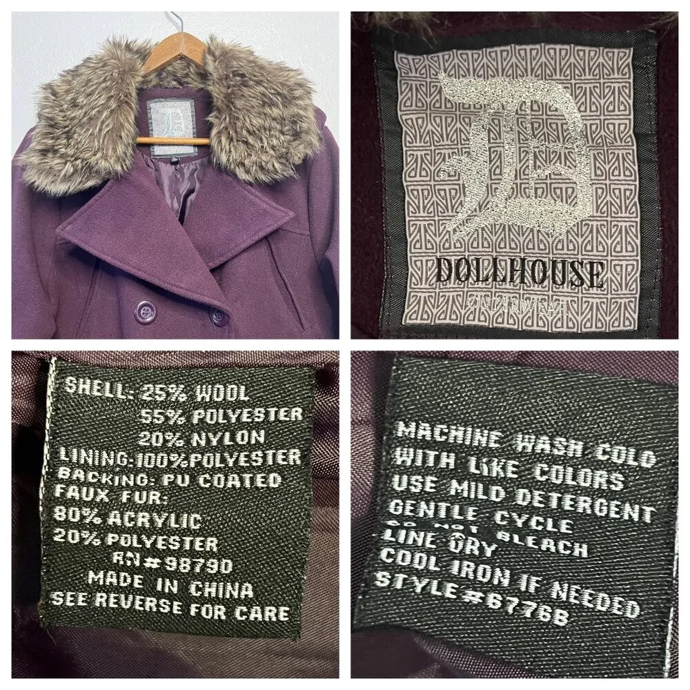 Dollhouse Women's Burgundy Peacoat Jacket Faux Fur Collar XL Double Breasted - Picture 10 of 16